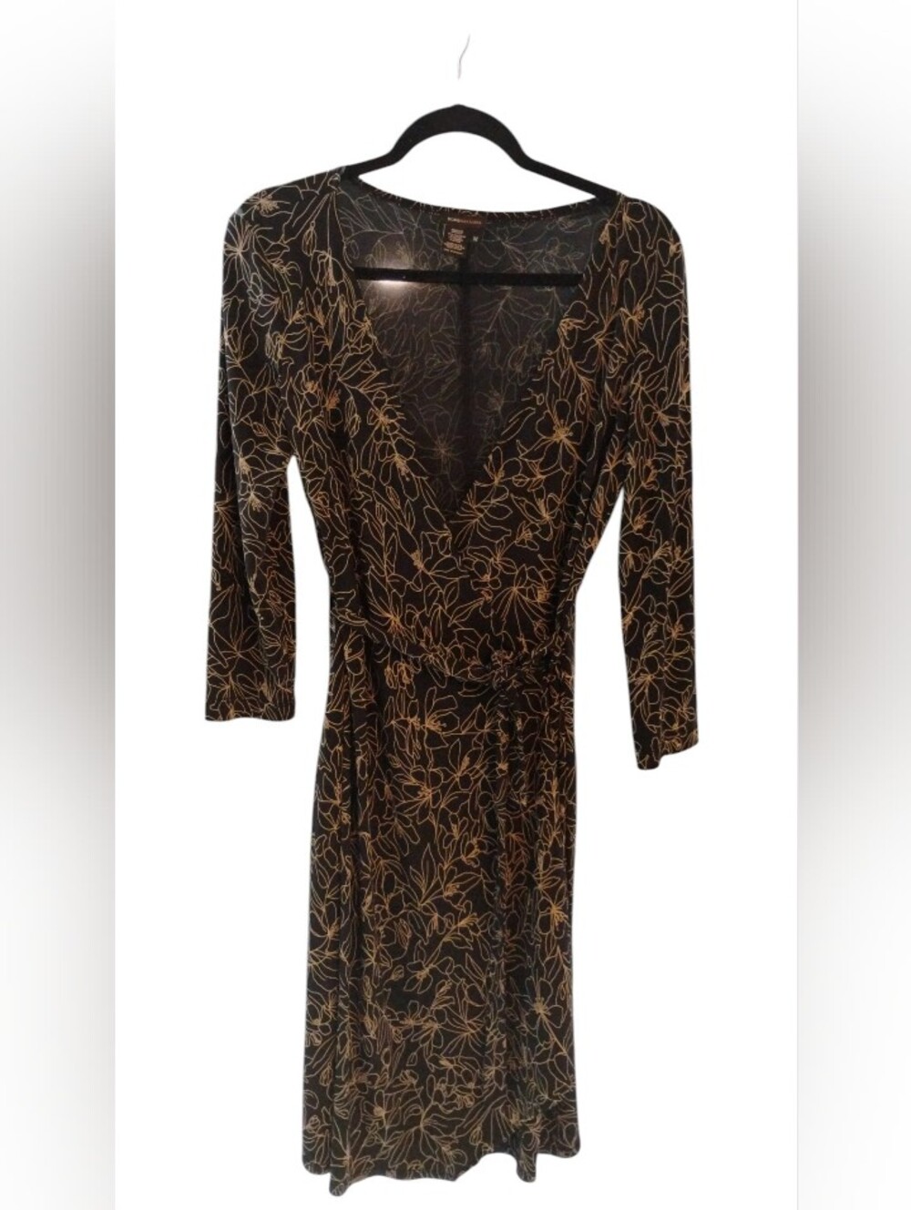 BCBGMaxAzria Black Wrap Dress with Gold Floral Line Print SZ M